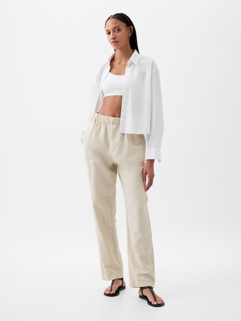 GAP High Rise Linen-Cotton Pull-On Pants Size XL Tall White